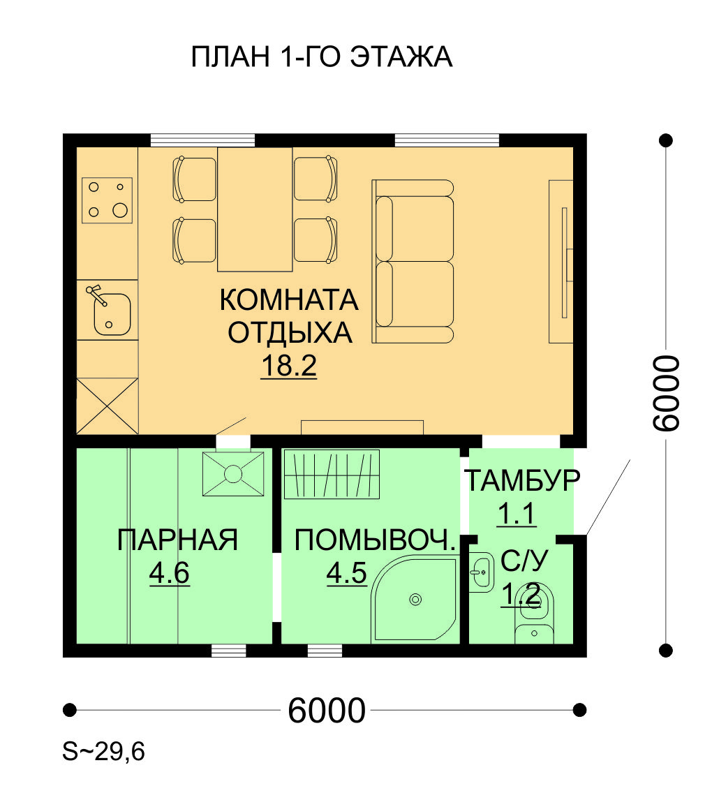 Проект ССК-30Б — дом 6x6 30 кв.м. — дома с баней от ССК-ДОМ